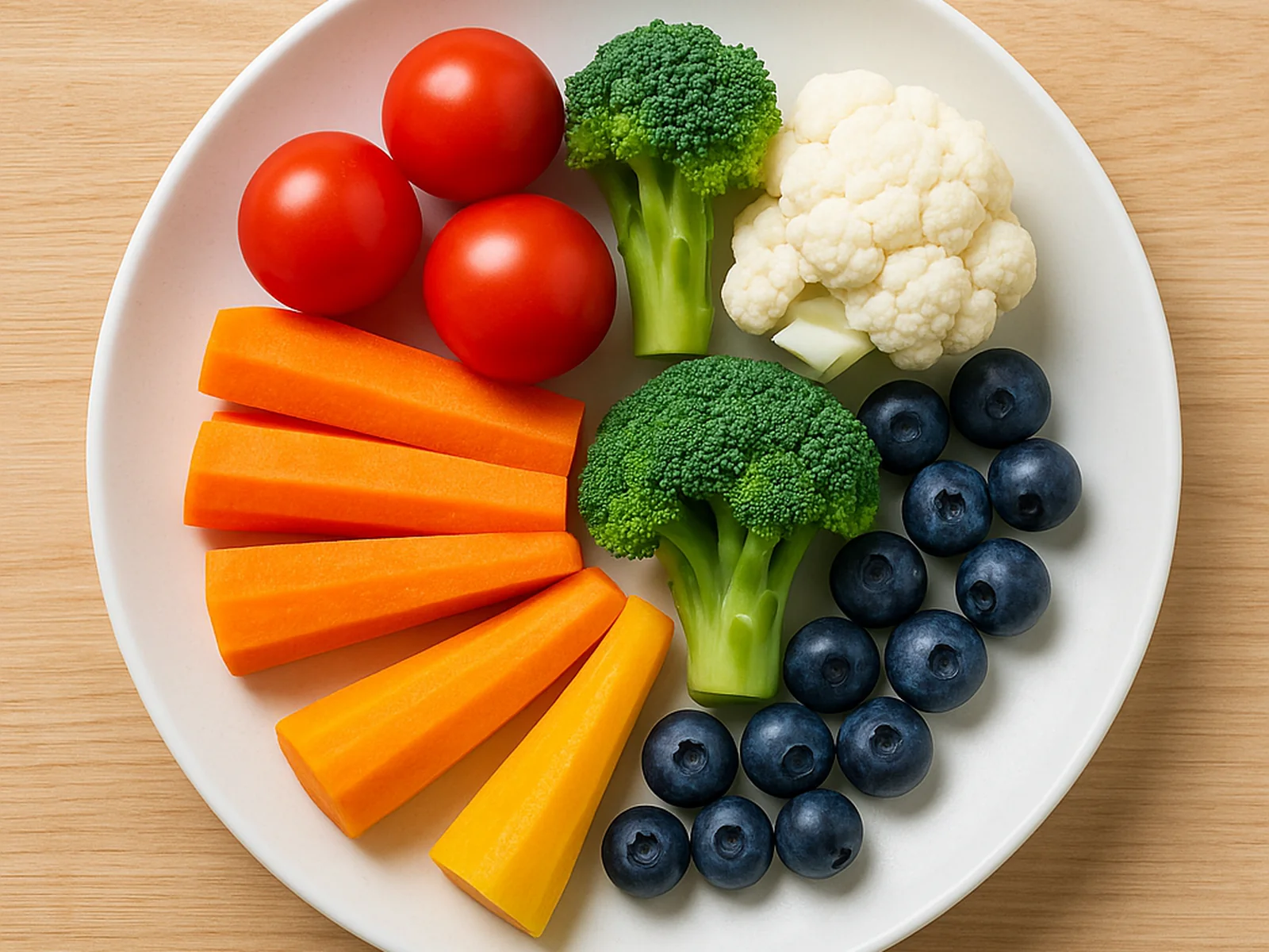 토마토&middot;브로콜리&middot;콜리플라워&middot;당근&middot;블루베리가 함께 놓인 접시