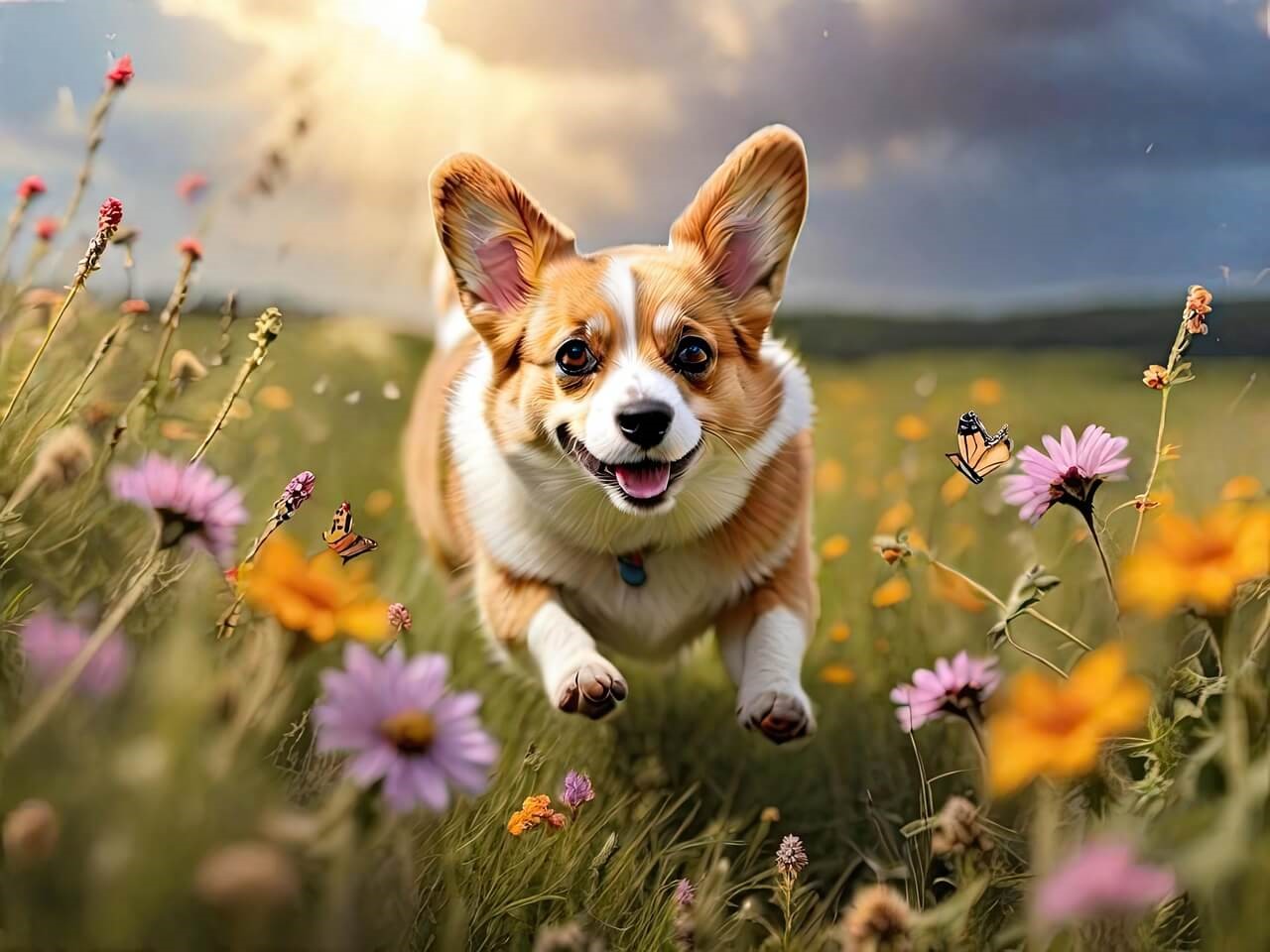 꽃밭을 뛰노는 웰시코기