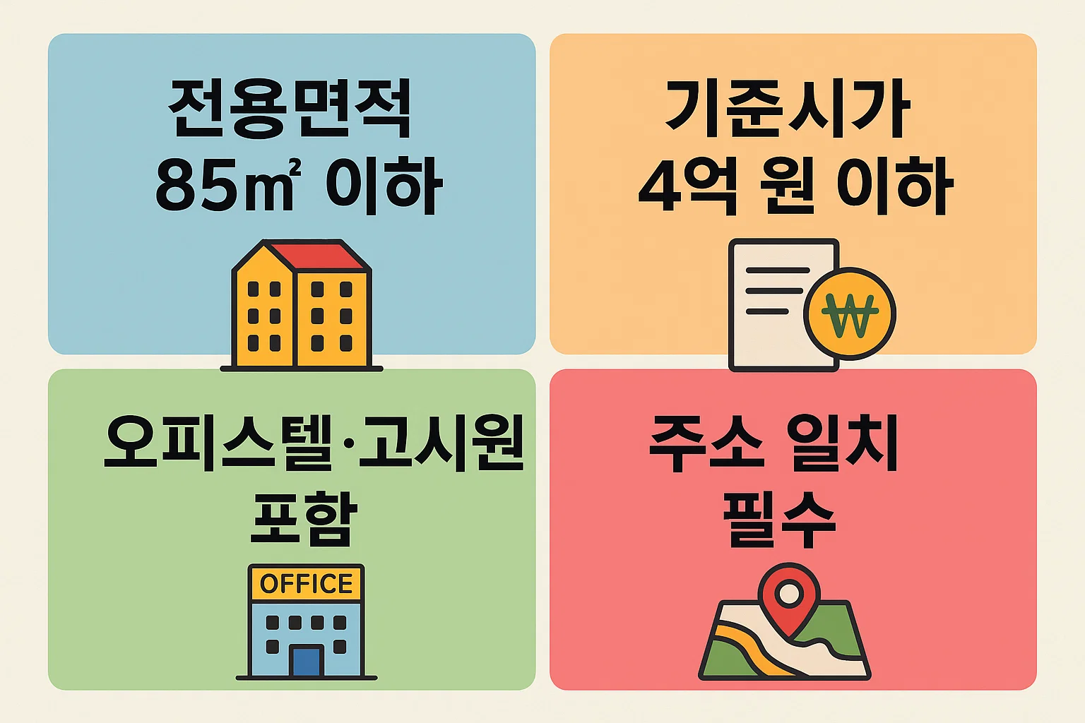 전용면적 85㎡ 이하, 기준시가 4억 원 이하, 오피스텔&middot;고시원 포함, 주소 일치 필수 등 월세공제 대상 주택 기준을 정리한 인포그래픽입니다.