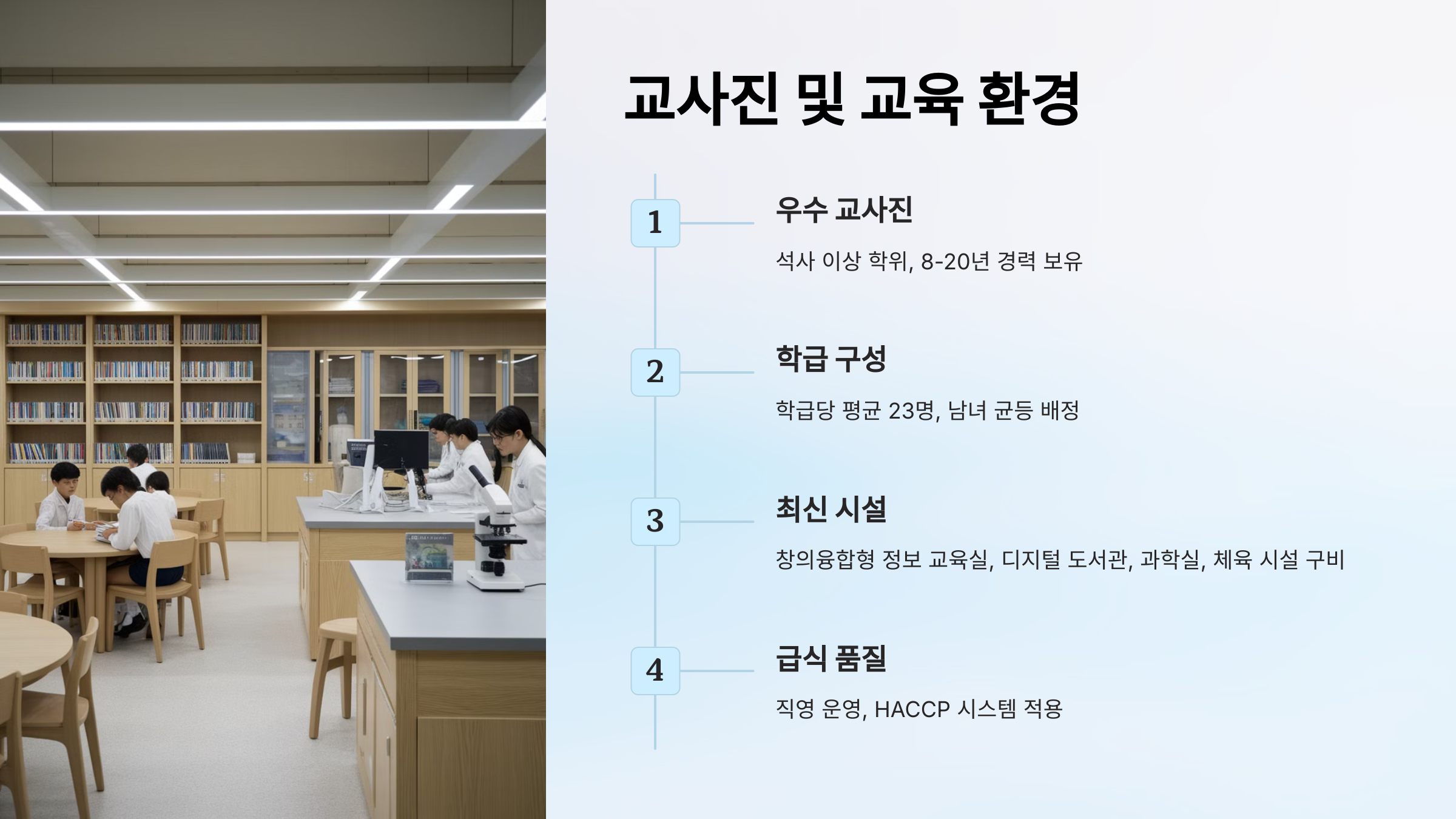&ldquo;디지털 도서관과 과학 실험실에서 학습 중인 학생들, 서교초의 우수한 교사진, 학급 구성, 최신 시설 및 급식 품질 소개.&rdquo;