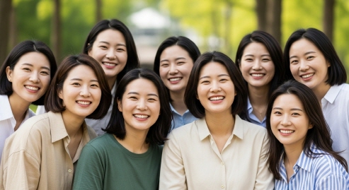 환한 웃음의 단체 여성 모임