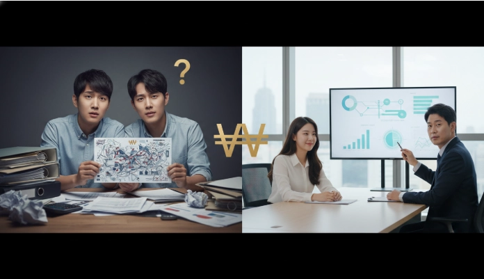 해외 자산 신고 누락으로 인해 건강보험료 추징 통보를 받고 걱정하는 한국인 부부와 전문가의 도움을 받아 해결하는 모습을 비교하는 이미지.