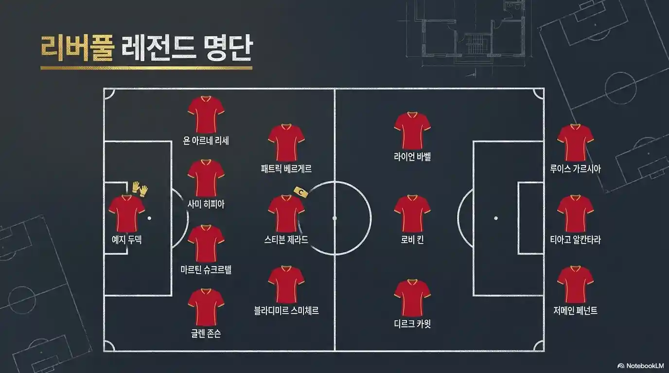 리버풀 레전드 명단 포메이션 라인업: 두덱, 제라드, 카윗, 바벨, 리세, 히피아 등 포함