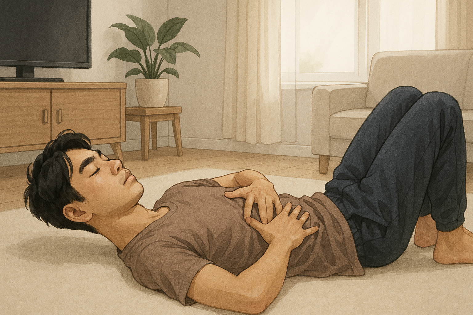 거실 바닥에서 등을 매고 무릎을 세운 자세에서 갈비뼈 위에 손을 두고 천천히 숨을 내쉬며 교정을 하는 남자 일러스트