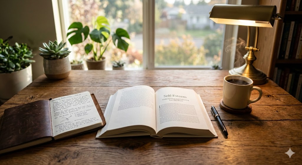 Open book and notebook with a warm cup of coffee under cozy lighting