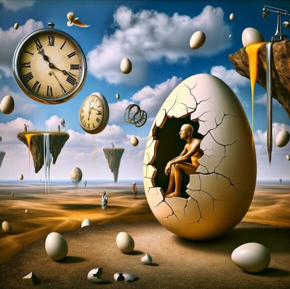 알 속의 인간의 모습과 주변의 작은 알들