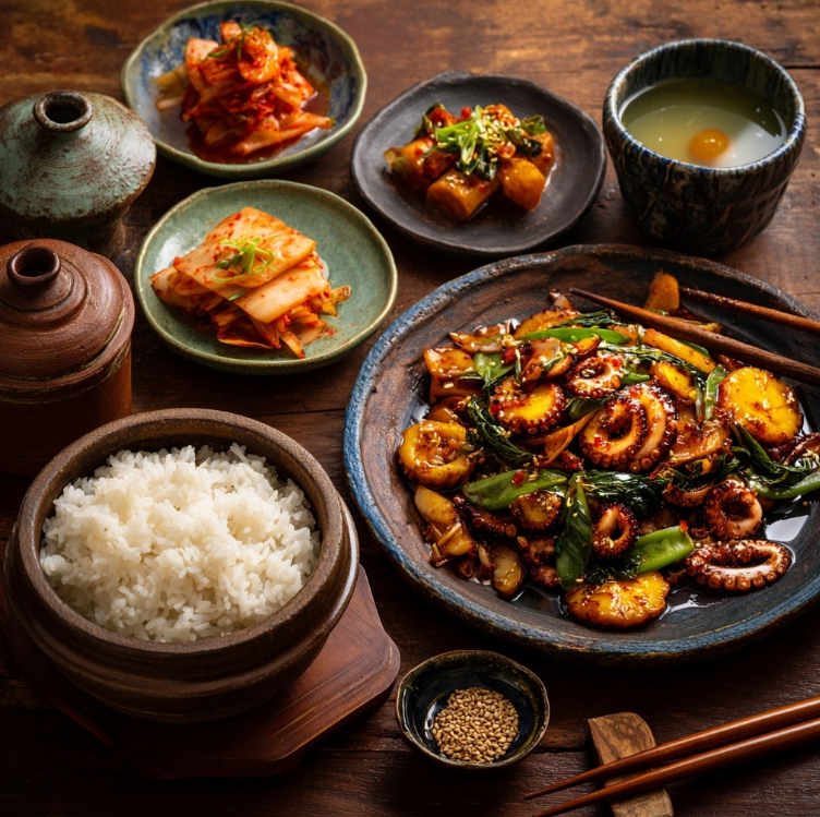 오징어 볶음이 있는 저녁 밥상