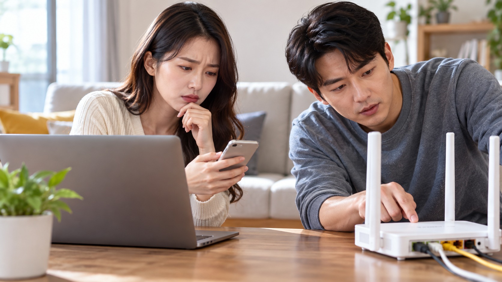 스마트폰과 노트북으로 와이파이 상태를 함께 점검하는 모습