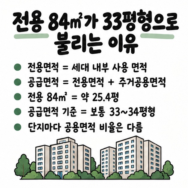 전용 84㎡는 실제로 25.4평이지만 주거공용면적을 더한 공급면적 기준으로 보통 33~34평형으로 불린다는 카드