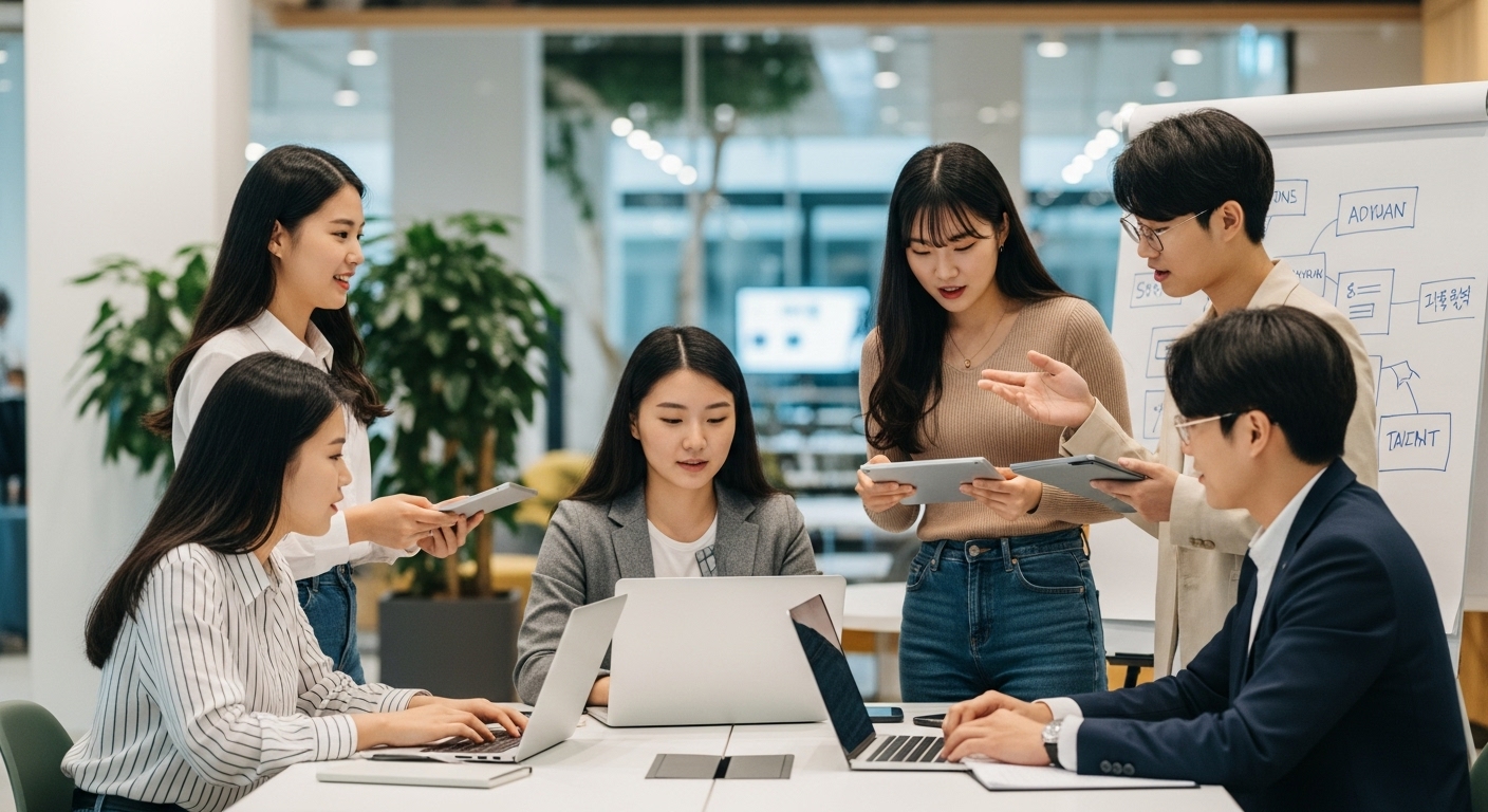 현대적인 코워킹 스페이스에서 한국인 대학생들이 노트북과 태블릿을 활용해 자기주도 학습과 협력 학습을 하는 모습.