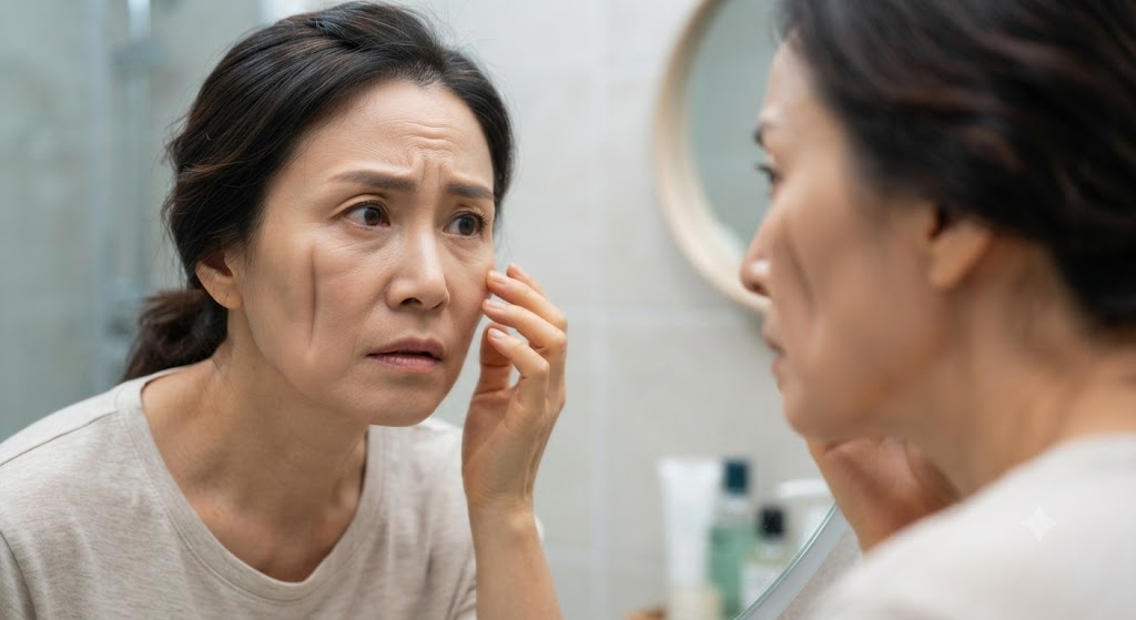 거울을 보며 뺨에 남은 베개 자국을 손으로 만져보는 중년 여성