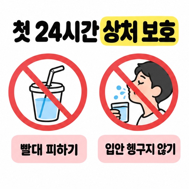 첫 24시간 상처 보호 제목 아래 빨대가 꽂힌 컵과 입안을 헹구는 모습에 금지 표시를 붙인 생활 수칙