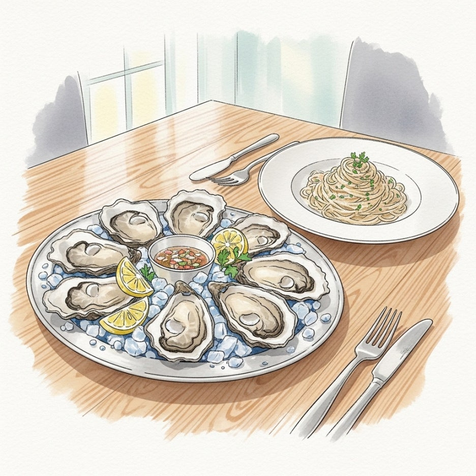 신선한 석화와 크림 파스타가 차려진 화사한 식탁