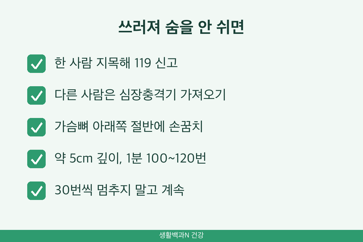 심폐소생술 방법 가슴압박 5cm 분당 100~120회 30회 심장충격기