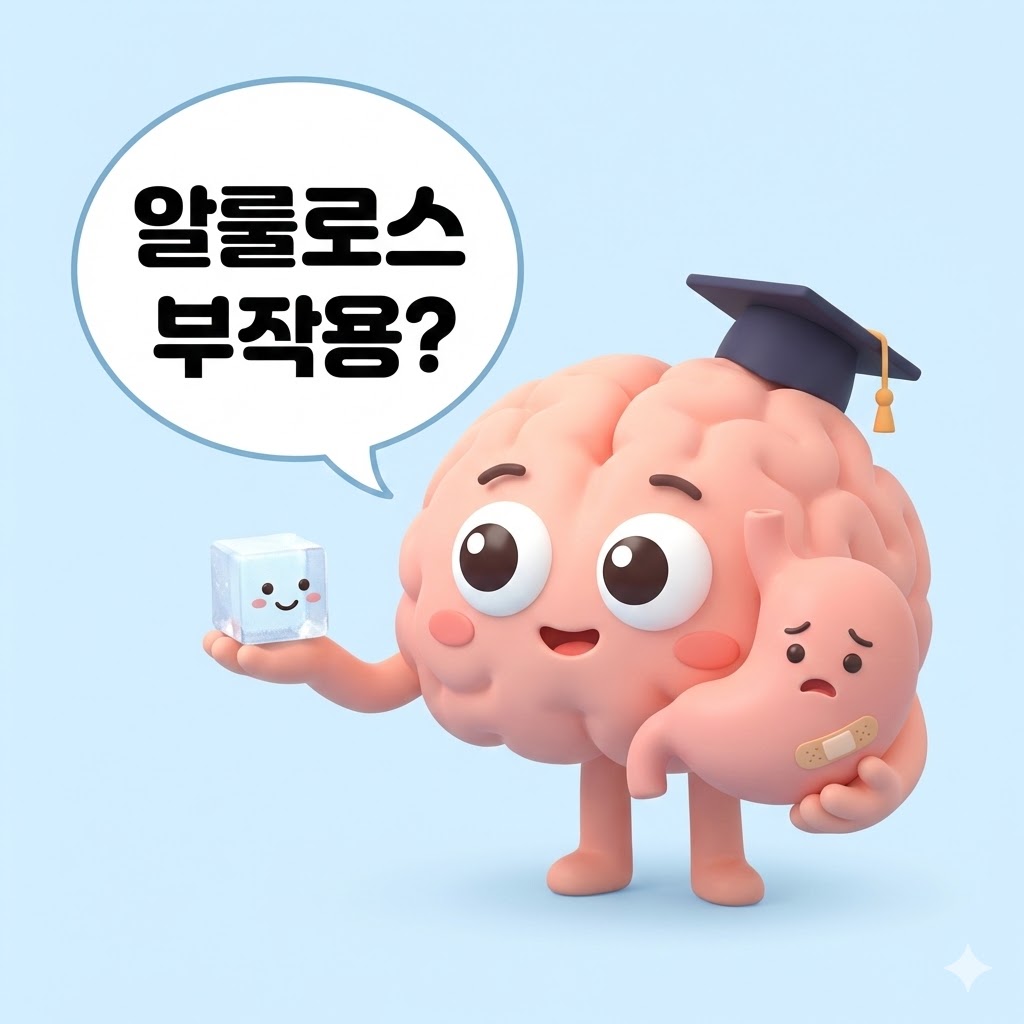 알룰로스 결정과 고민하는 귀여운 뇌 캐릭터, 그리고 배탈이 난 듯한 위 캐릭터가 함께 있는 3D 카툰 이미지. 알룰로스 부작용에 대한 고민을 상징합니다.