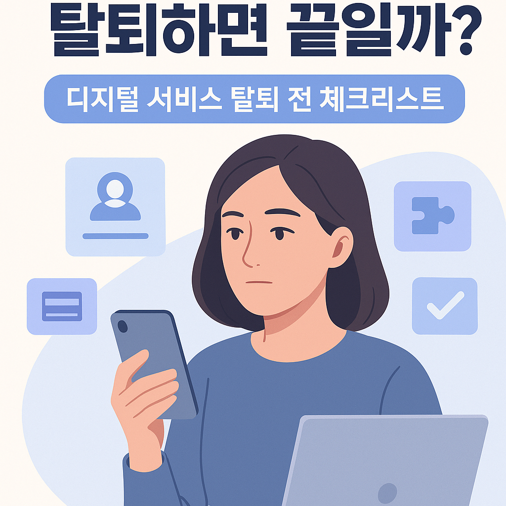 차분한 표정의 여성이 계정 아이콘 UI를 바라보는 세미리얼 일러스트