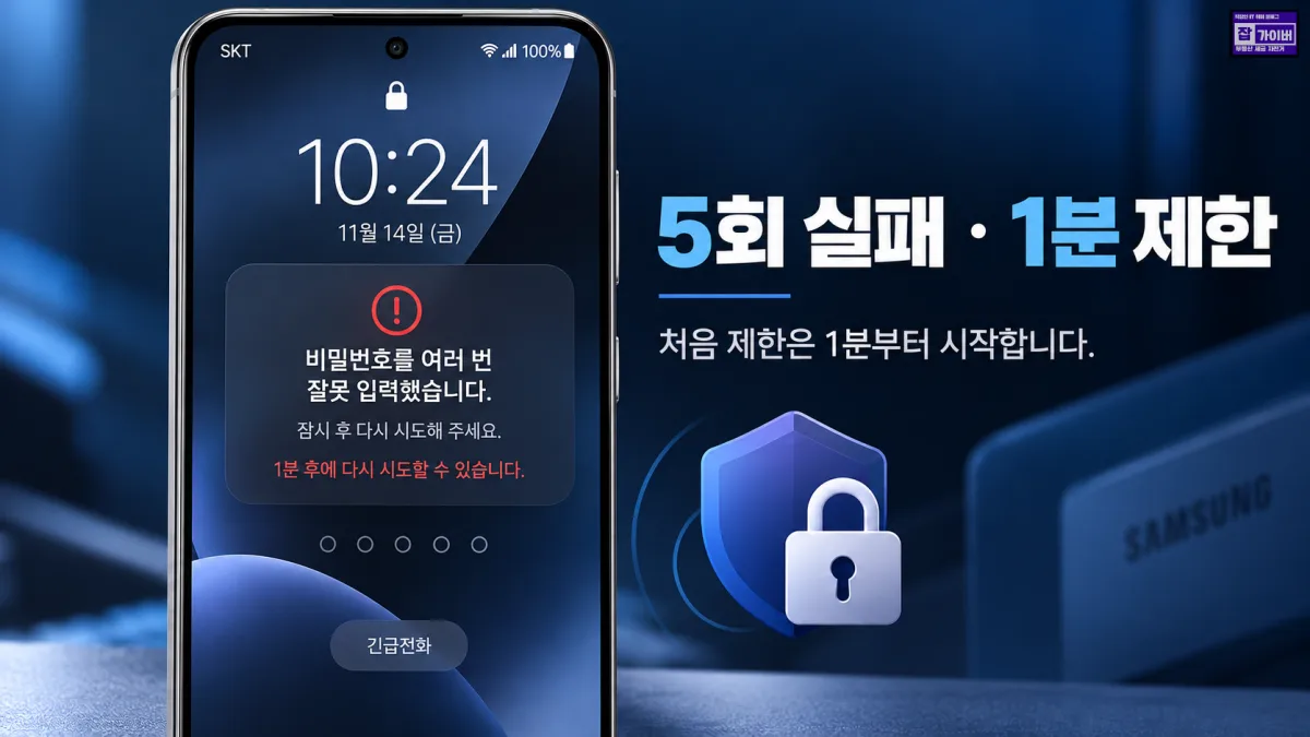 갤럭시 비밀번호 여러 번 잘못 입력했을 때 잠금화면 경고와 1분 입력 제한 예시