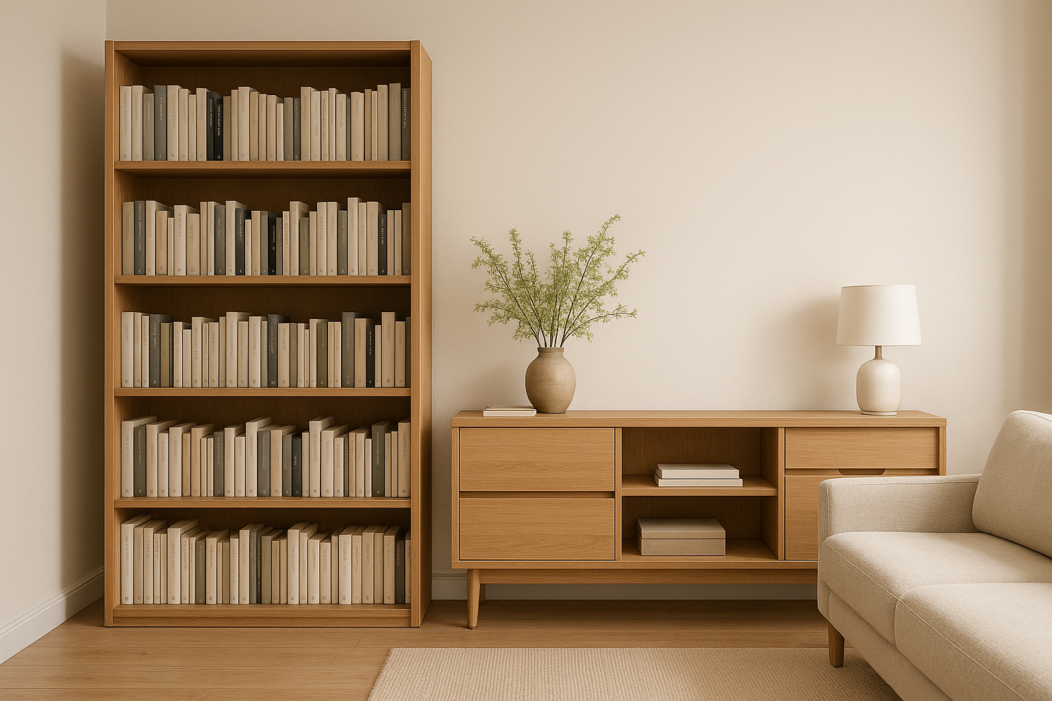 높은 책장과 낮은 서랍장이 조화를 이루는 안정적인 인테리어