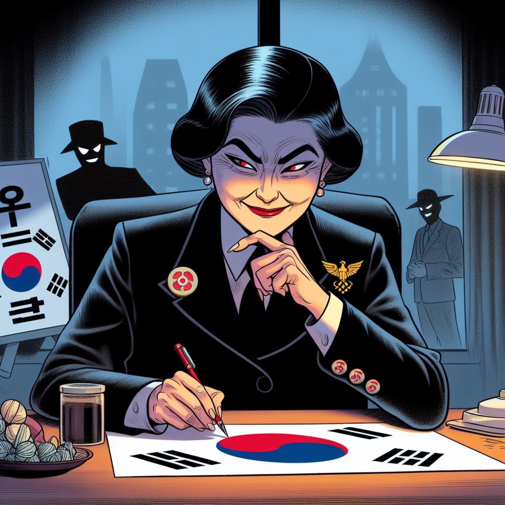 한국을 장악하려는 사악한 공작을 꾸미는 못된 흑막 정치인을 가상으로 그려주세요.