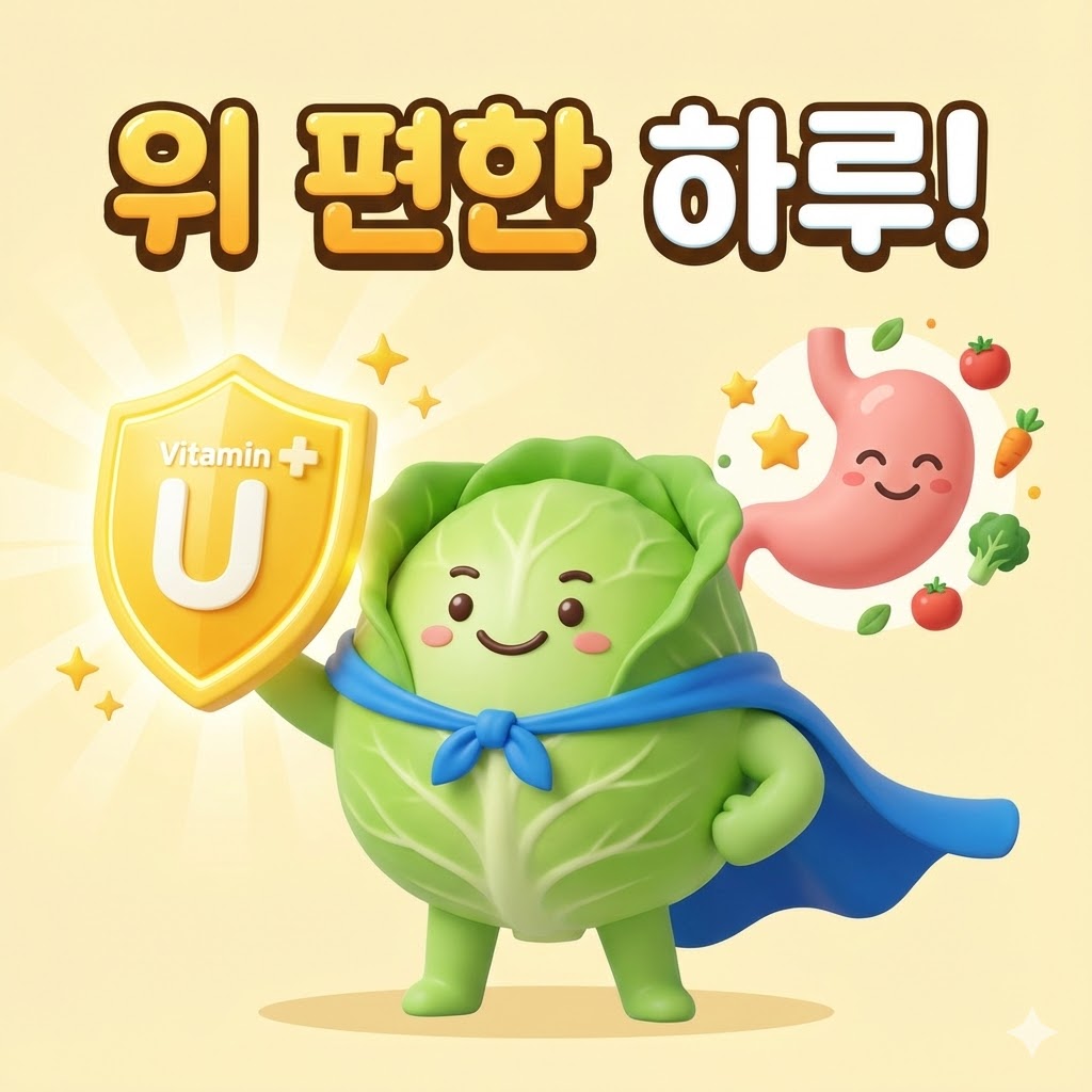 슈퍼히어로 양배추 캐릭터가 위 건강을 지키는 귀여운 3D 카툰 일러스트. '위 편한 하루!'라는 한글 텍스트 포함.