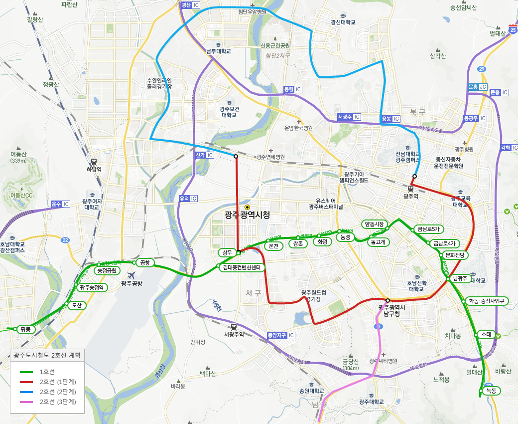광주교통공사-1호선-지하철-노선을-지도위에-표시한-이미지