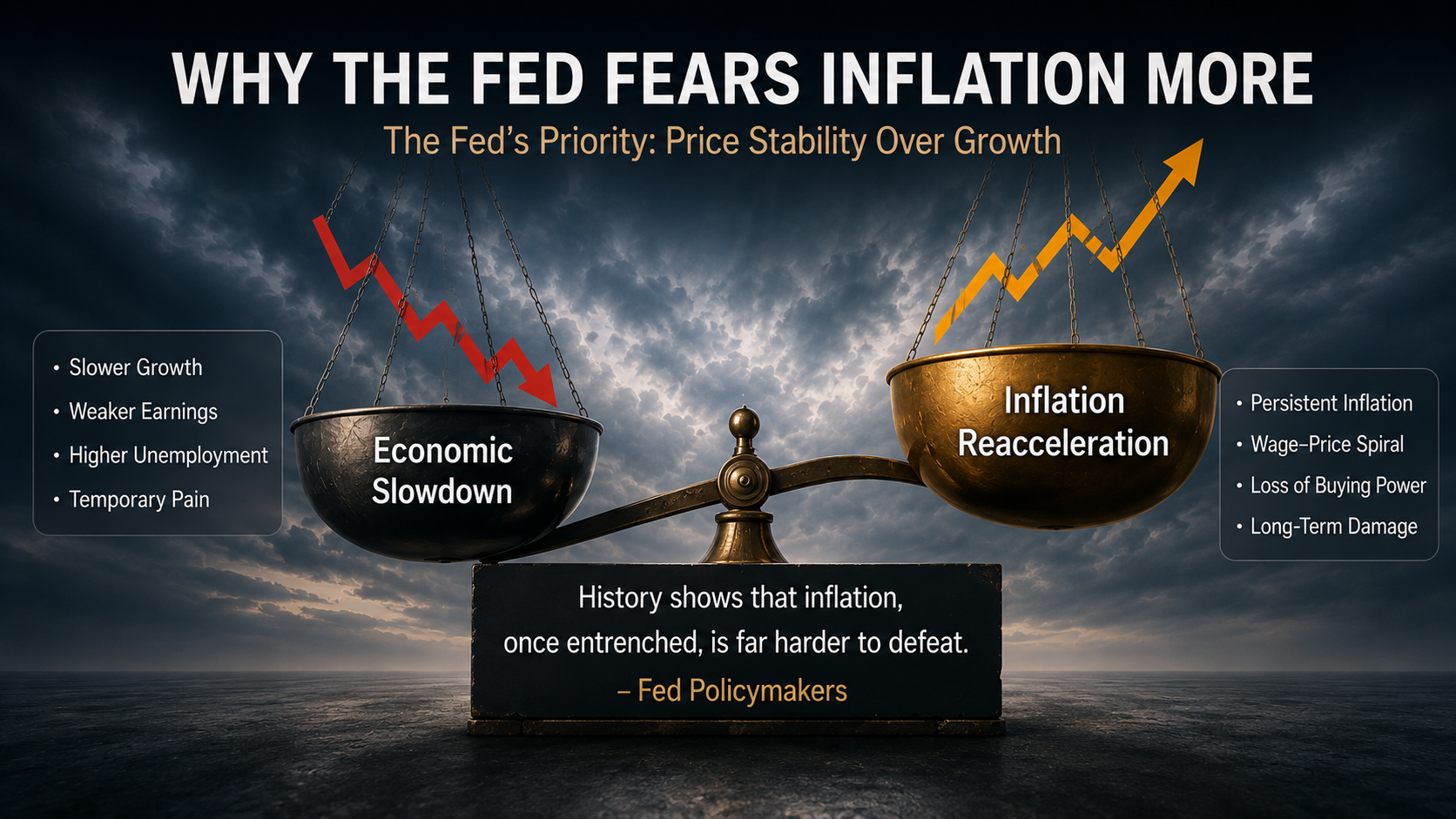 Balance scale showing inflation risks outweighing economic slowdown as the Federal Reserve prioritizes price stability.
