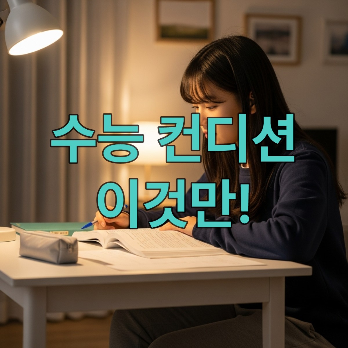 수능 전날 밤, 차분하게 시험 준비를 마치고 평온한 표정으로 앉아있는 한국 고등학생의 모습