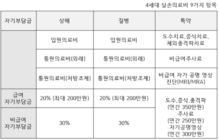 4세대-실손의료비-9가지 항목-종목별 자기부담금