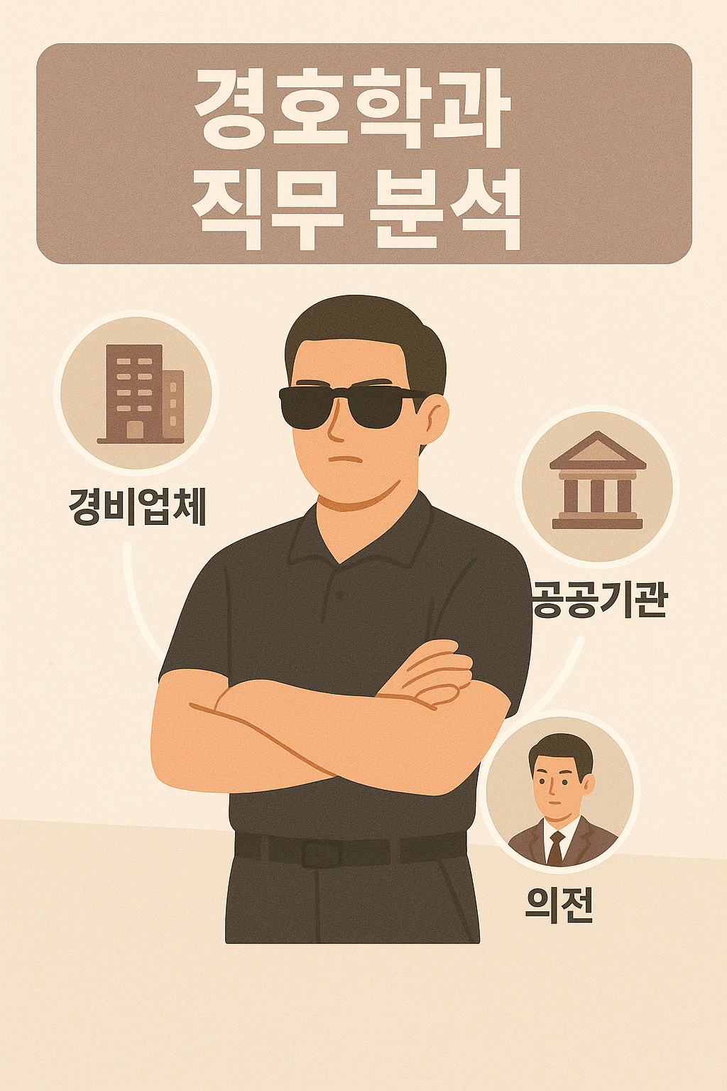 경호학과 직무 분석 포스터. 검정 셔츠와 선글라스를 착용한 경호원이 중심에 있고, 주변에 '경비업체', '공공기관', '의전'을 상징하는 아이콘들이 연결되어 있음