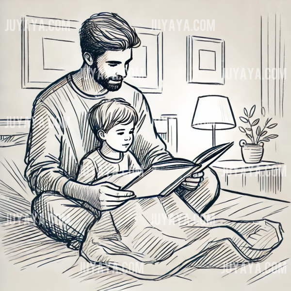 침대에서 아빠가 아이에게 동화책을 읽어주며 아이가 담요를 덮고 집중하는 모습, 부드럽고 따뜻한 스케치 스타일.