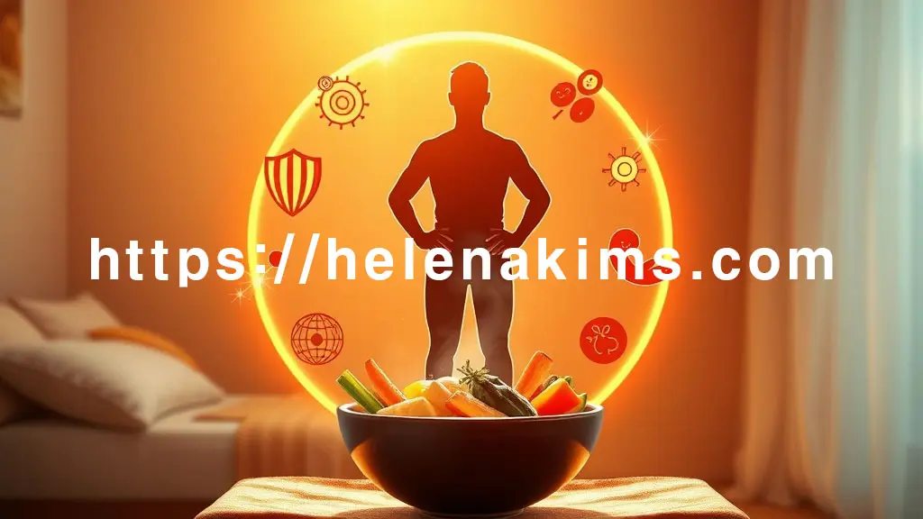 따뜻하고 포근한 배경 속, 빛나는 원형 프레임 안에 건강하고 활력 넘치는 남성의 모습. 주변으로는 면역력을 상징하는 방패, 에너지 넘치는 스파크, 부드러운 혈액순환 파동, 그리고 평온하게 잠든 사람 아이콘들의 이미지.