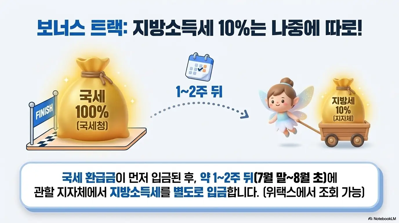 종합소득세 환급일: 국세 100% 환급금이 먼저 입금된 후 약 1~2주 뒤에 지방소득세 10%가 관할 지자체에서 별도로 입금되는 흐름을 돈주머니와 캐릭터로 설명하는 인포그래픽 이미지. 이 이미지는 지방소득세 환급일이 국세와 별도라는 핵심 정보를 시각적으로 전달하며&amp;#44; 블로그의 지방소득세 환급 일정과 관련된 내용을 설명함 