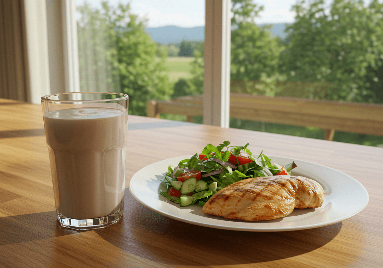단백질 쉐이크 한 잔과 닭가슴살 샐러드가 함께 놓인 건강한 식단