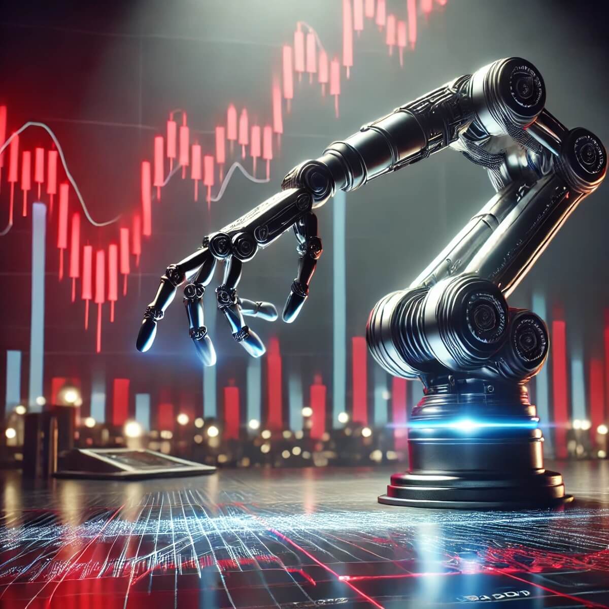 나스닥 하락 그래프와 로봇 팔