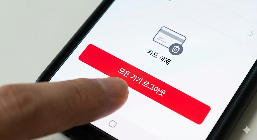스마트폰 보안 설정 화면에서 '전체 로그아웃' 버튼을 누르는 손가락과, 결제 수단을 삭제하는 화면 예시