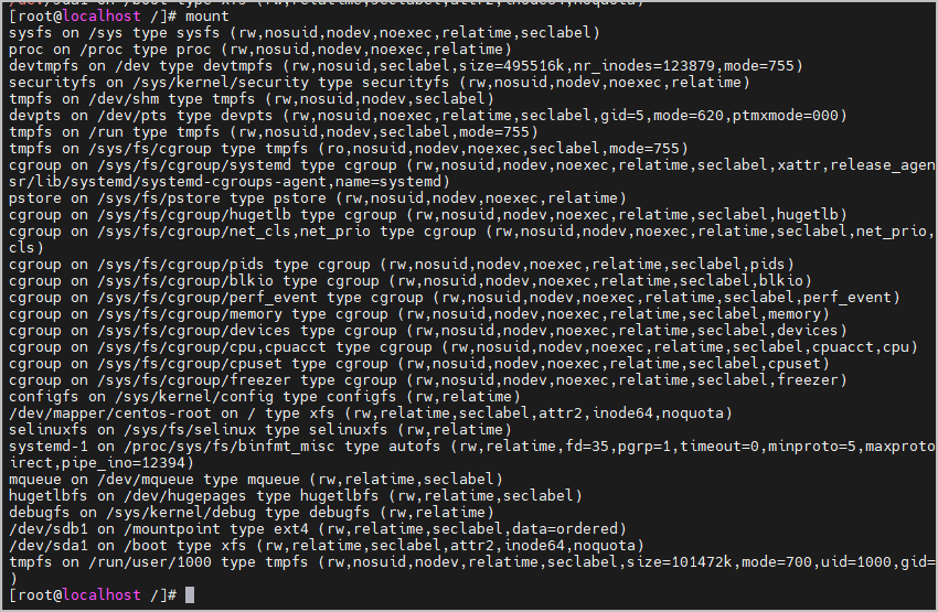 mount 명령어로 파일 시스템 확인