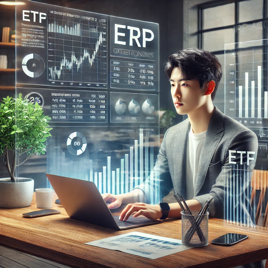 젊은 투자자(20대)가 홈 오피스에서 노트북으로 IRP 계좌의 ETF 옵션을 분석하는 모습. 책상에는 금융 차트가 놓여 있음