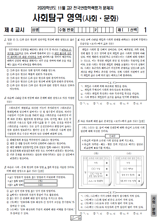2020-11월-고2-모의고사-사회 문화-기출문제-다운