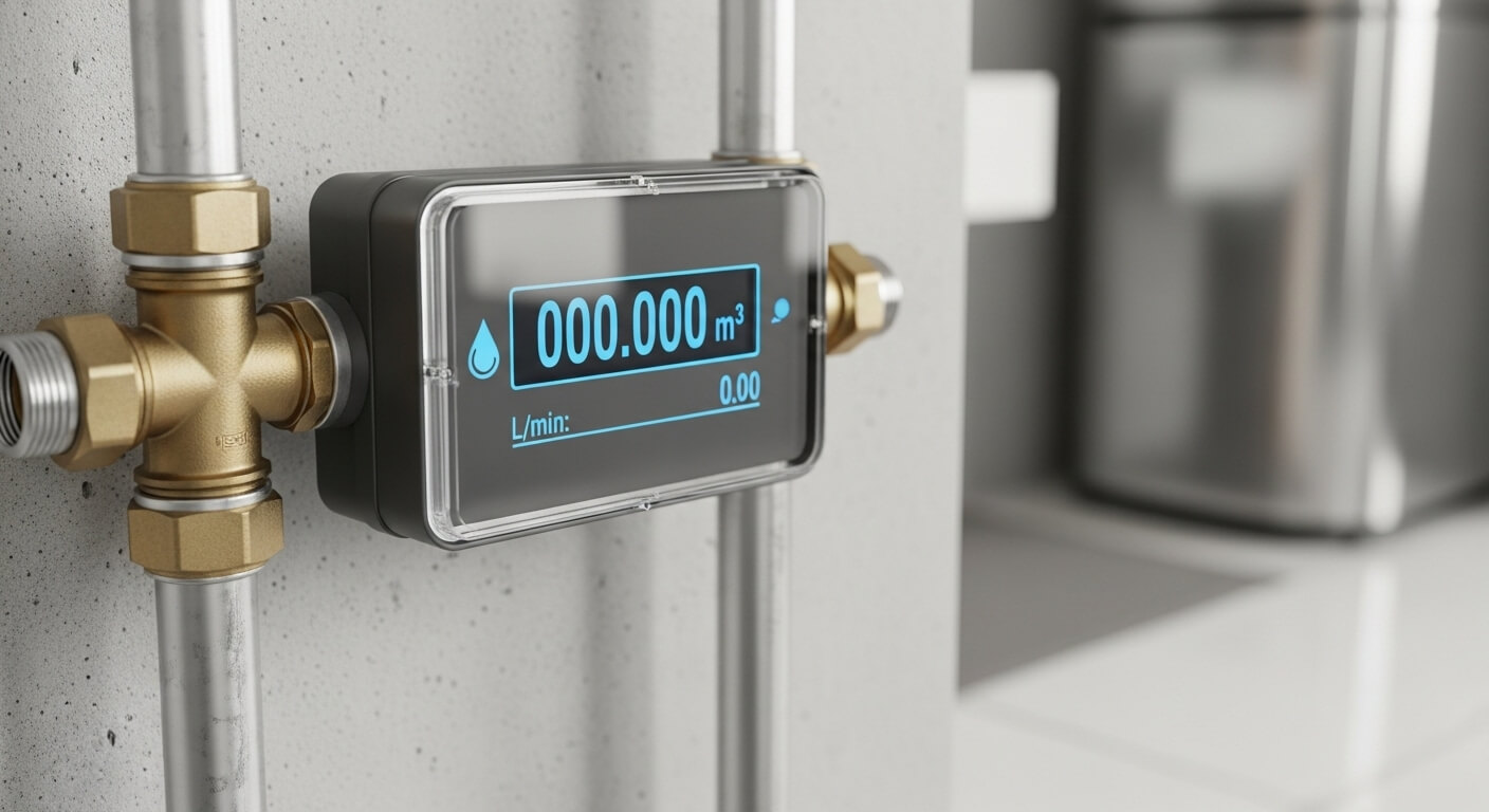 벽면에 부착된 디지털 수도 계량기의 정면 모습