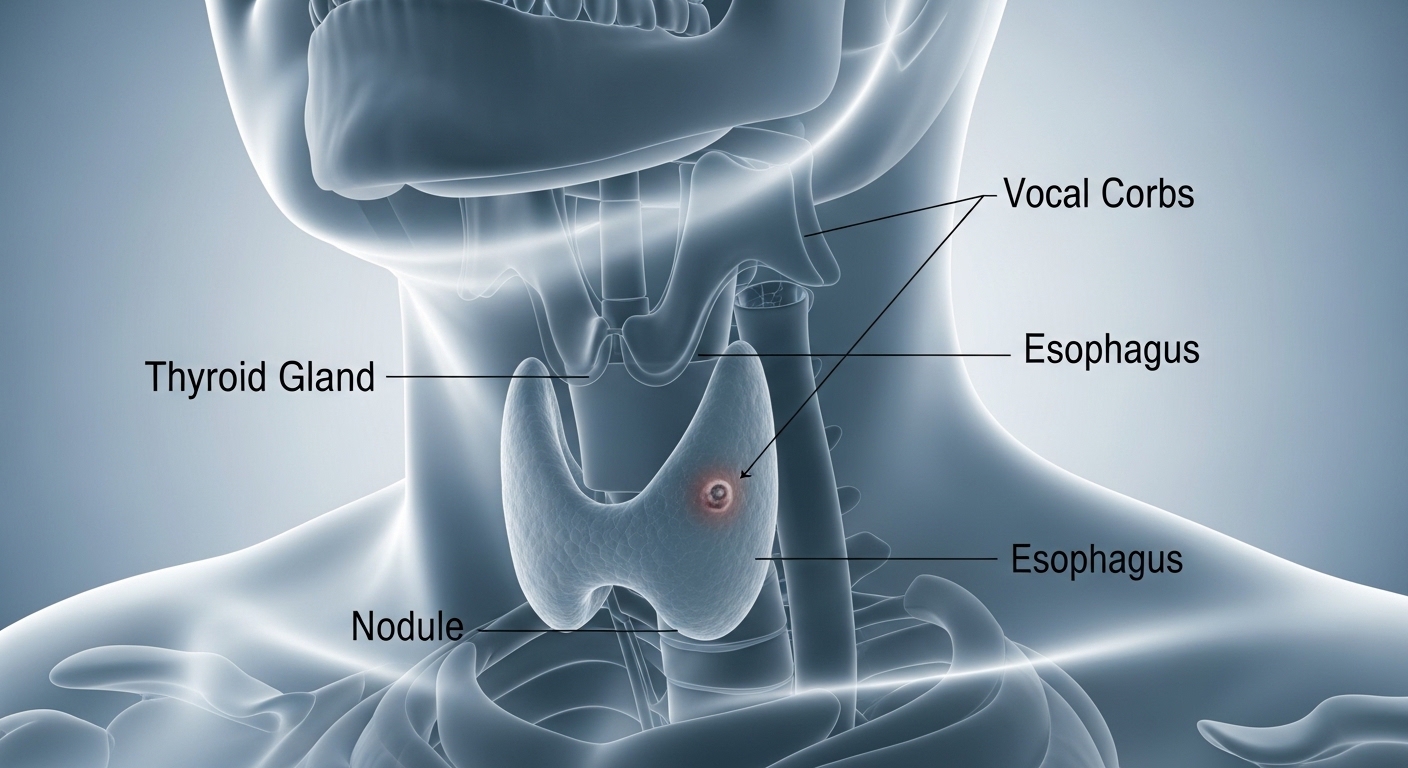 피곤해 보이는 사람의 목에 갑상선 부위가 흐릿하게 강조되어 단순 피로와 갑상선암 증상의 구별을 시각적으로 나타내는 이미지