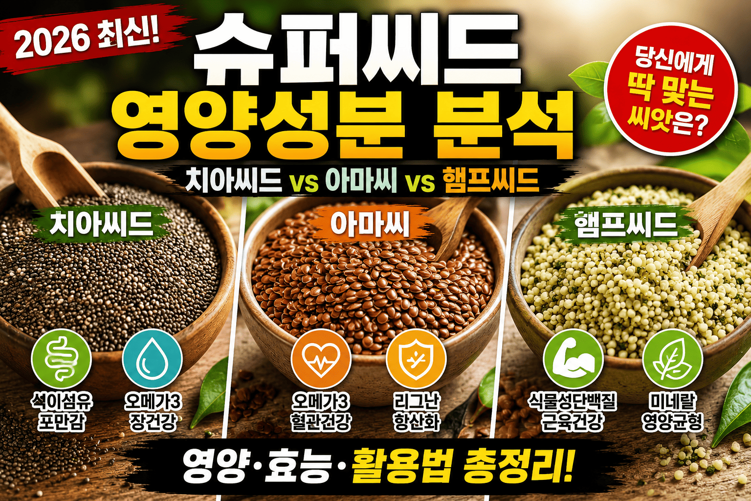 슈퍼씨드 영양성분 분석 (치아씨드, 아마씨, 햄프씨드)