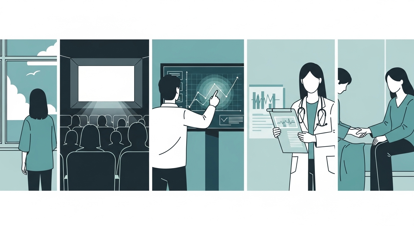 A single, wide-format illustration divided into five vertical panels, each depicting a distinct scene in a minimalist, faceless character style. Panel 1: A person looking out a window at the sky. Panel 2: Silhouettes in a dark theater looking at a bright screen. Panel 3: An analyst pointing at a glowing graph on a large monitor. Panel 4: A medical professional holding a chart. Panel 5: A person sitting by a bedside, holding a hand. The illustration uses a cohesive and soothing color palette of teal, charcoal, and light gray. No text or lettering.