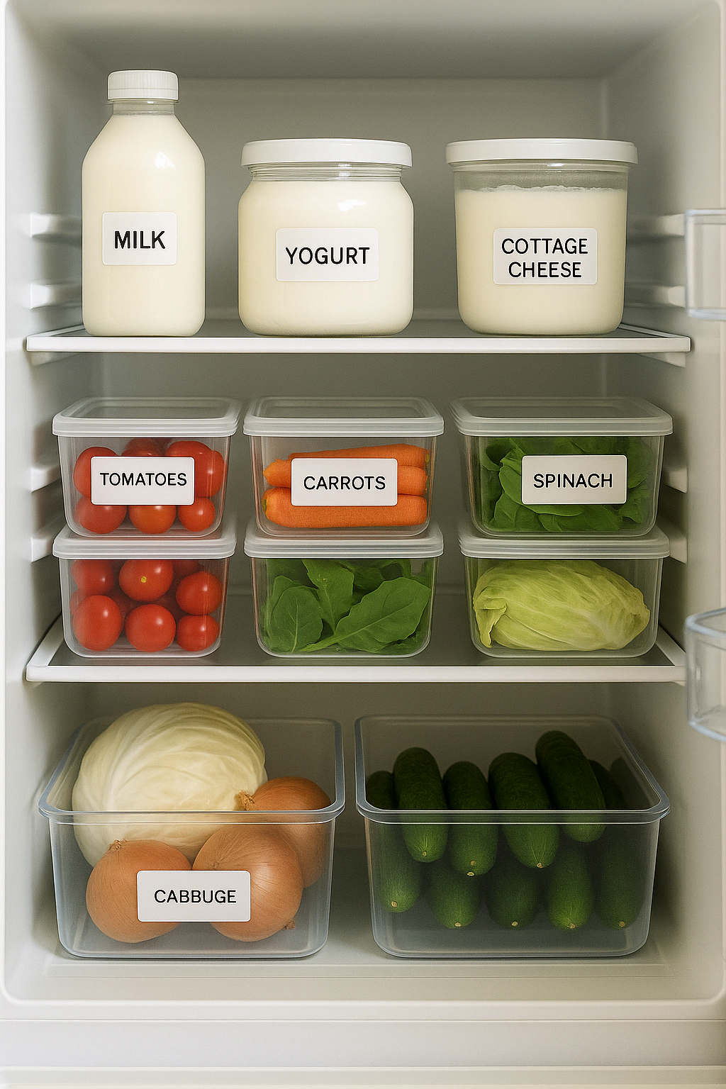 투명 용기와 라벨링으로 식품이 카테고리별로 정리된 아파트 냉장고 내부