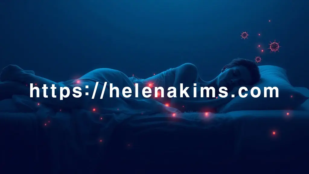 포근하고 부드러운 침대에 누워 숙면을 취하는 여성의 모습. 주변에는 염증의 세포들을 소멸시키는 듯한 효과를 연출한 이미지.