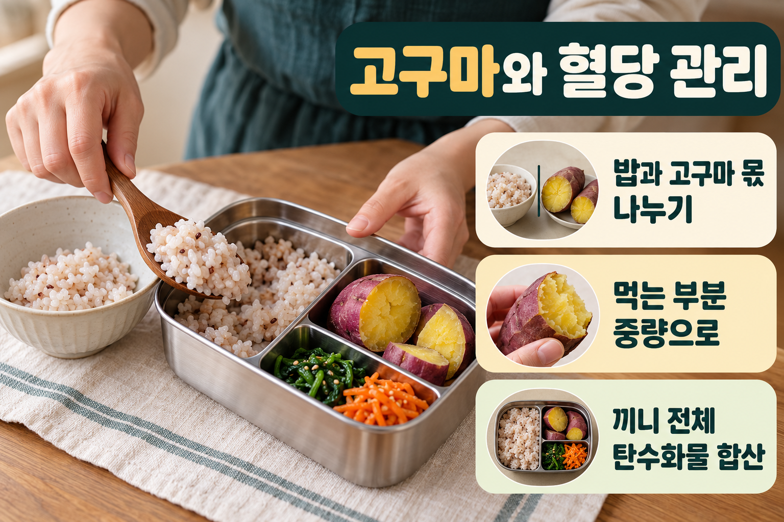 고구마 &middot; 밥을 덜고 고구마를 넣을 때 탄수화물을 함께 맞춰요 실사 인포그래픽