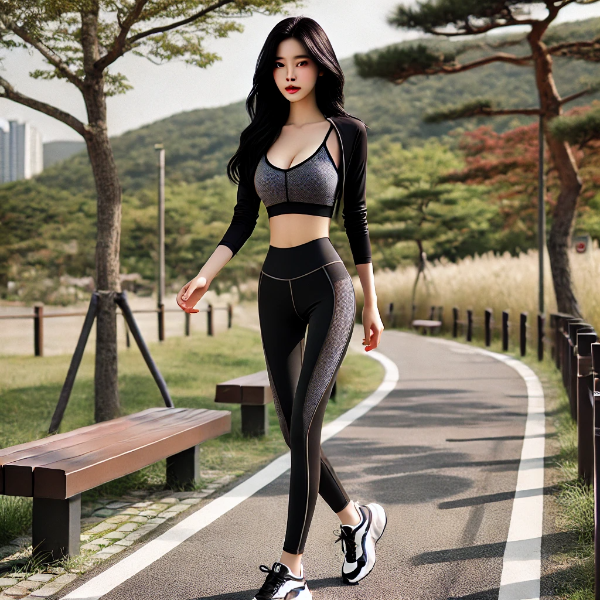 애슬레저룩(Athleisure Look) 입은 여성이 산책하는 모습