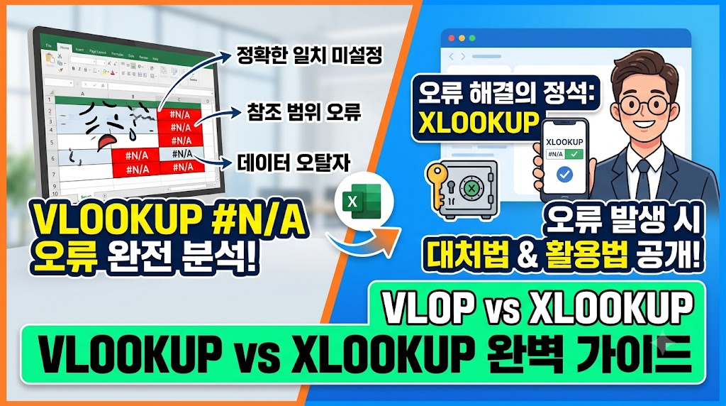 엑셀 VLOOKUP #N/A 오류 원인 분석 및 XLOOKUP 대체 활용법을 설명하는 메인 대표 이미지