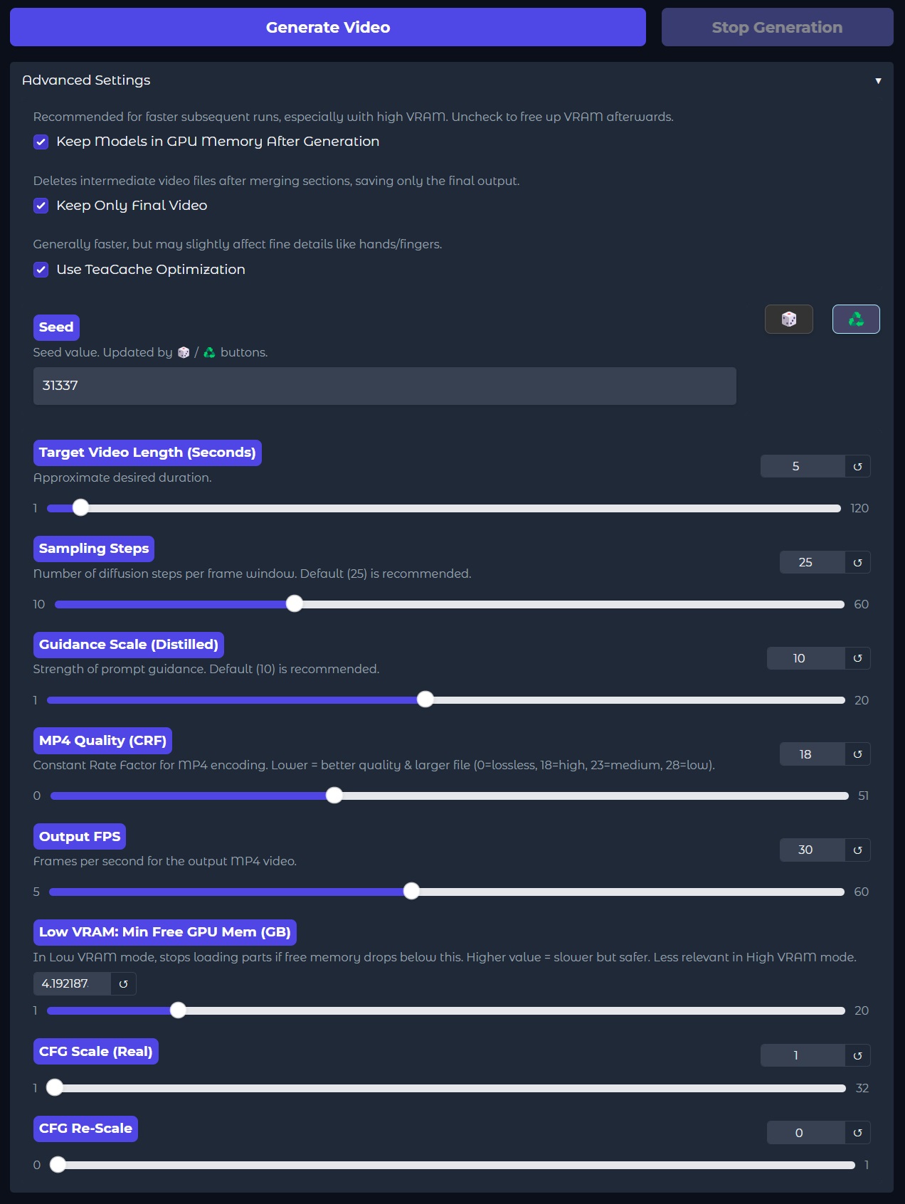 FramePack 고급 설정 패널에서 영상 길이, 프레임 수, 품질, 메모리 설정 등 조정 가능한 항목들
