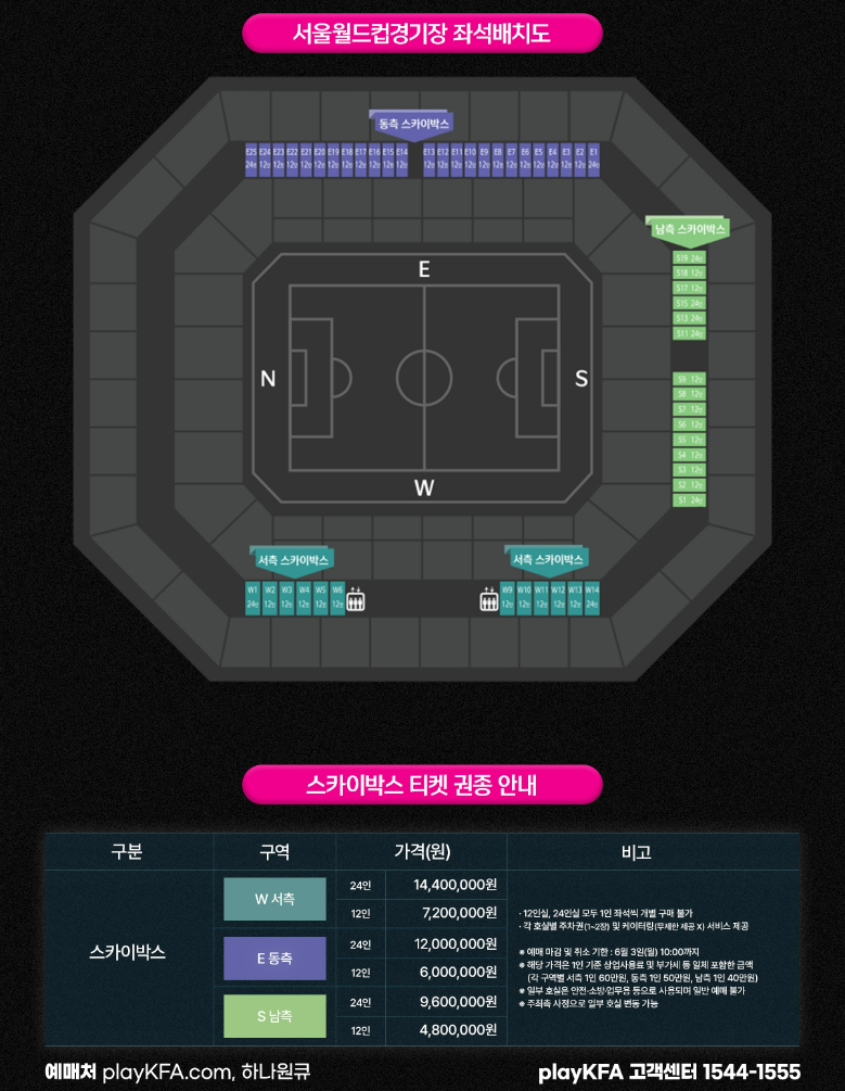 한국 vs 중국전 서울월드컵 경기장 스카이박스 좌석배치도, 티켓 가격 안내