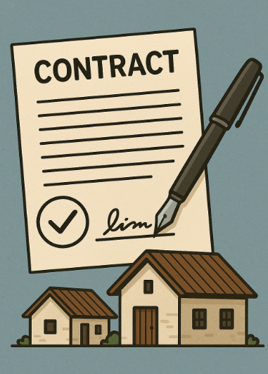 "농촌 빈집 계약서 작성법을 표현한 일러스트, 계약 문서와 서명란, 검은색 만년필, 체크 아이콘과 두 채의 농촌 주택이 함께 배치된 디자인"